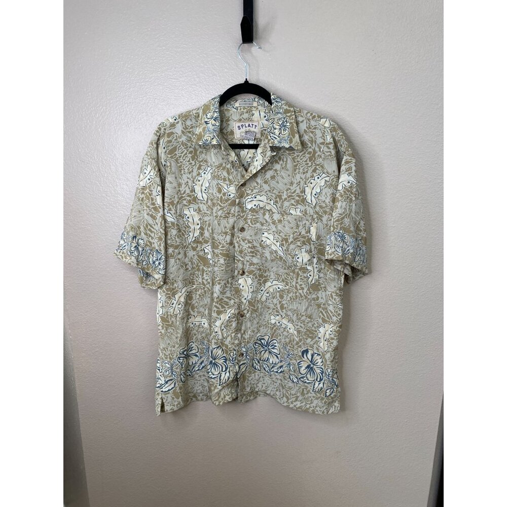 Vintage Splatt Mens Beige Hawaiian Button-Up Shirt Size M Polyester Tropical‎